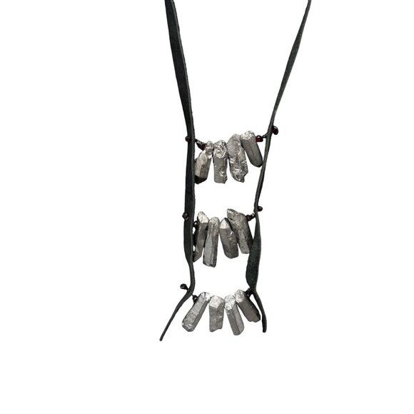 Silver Natural Crystal Black Leather Long Statement Necklace Boho Bohemian - Picture 7 of 8